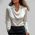 Women's Satin Draped Cowl Neck Long Sleeve Blouse Office Evening Elegant Silky Formal – Rose - Lolly 