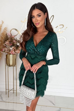 Women's Sequin Fringe Short Dress Long Sleeve V-Neck Party Night Out Cocktail New Year Eve Birthday Gala – Rose - Lolly 