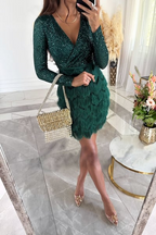 Women's Sequin Fringe Short Dress Long Sleeve V-Neck Party Night Out Cocktail New Year Eve Birthday Gala – Rose - Lolly 