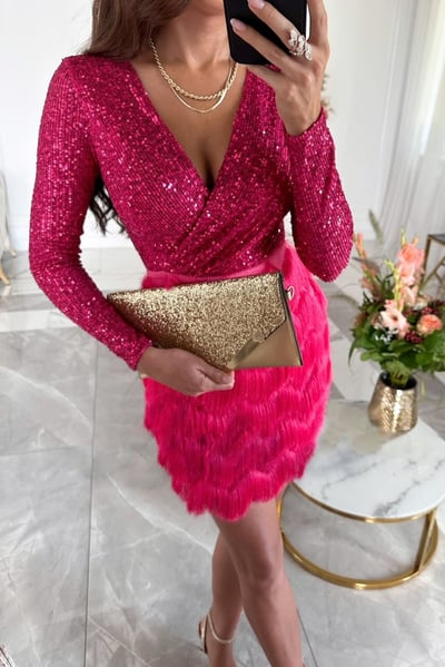 Women's Sequin Fringe Short Dress Long Sleeve V-Neck Party Night Out Cocktail New Year Eve Birthday Gala – Rose - Lolly 