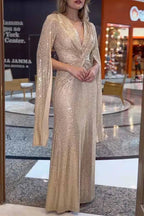 Women's Sequin V-Neck Long Sleeve Maxi Dress A-Line Formal Prom Gala Wedding Guest Evening Red Carpet – Seraphina - Lolly 