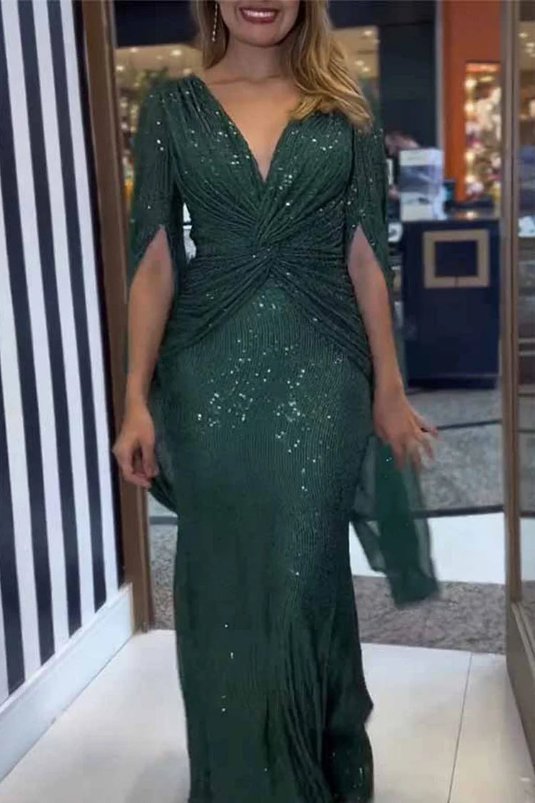 Women's Sequin V-Neck Long Sleeve Maxi Dress A-Line Formal Prom Gala Wedding Guest Evening Red Carpet – Seraphina - Lolly 