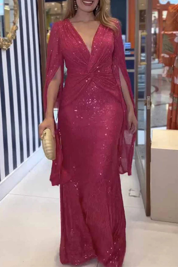 Women's Sequin V-Neck Long Sleeve Maxi Dress A-Line Formal Prom Gala Wedding Guest Evening Red Carpet – Seraphina - Lolly 