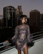 Women's Shimmer Feather Cuff Long Sleeve Mini Dress Cocktail Party Birthday Night Out Gala Glam – Mayra - Lolly 