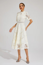 Women's Short Sleeve Lace Midi Dress Wedding Guest Summer Formal Elegant Scoop Neckline - Lolly 