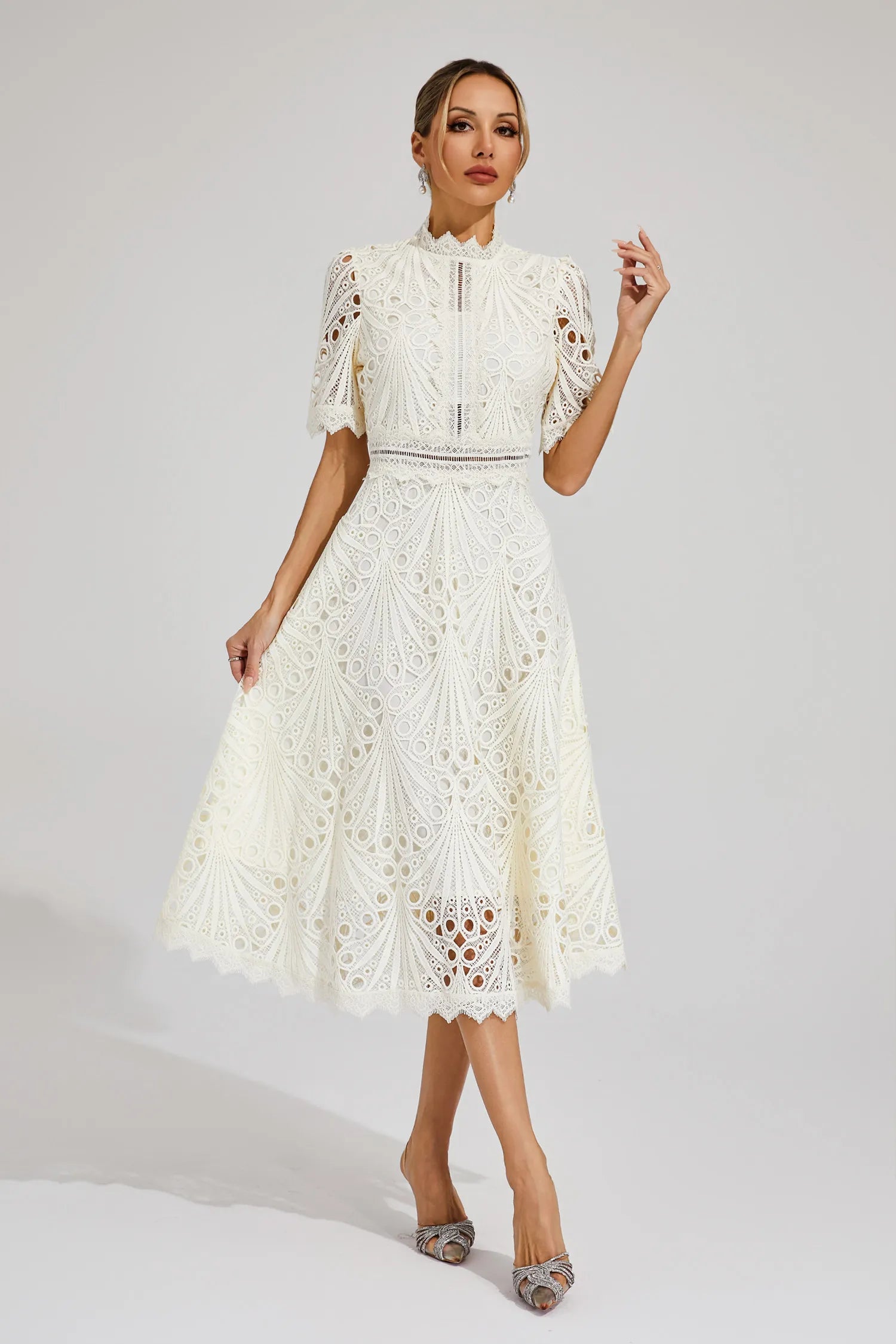 Women's Short Sleeve Lace Midi Dress Wedding Guest Summer Formal Elegant Scoop Neckline - Lolly 