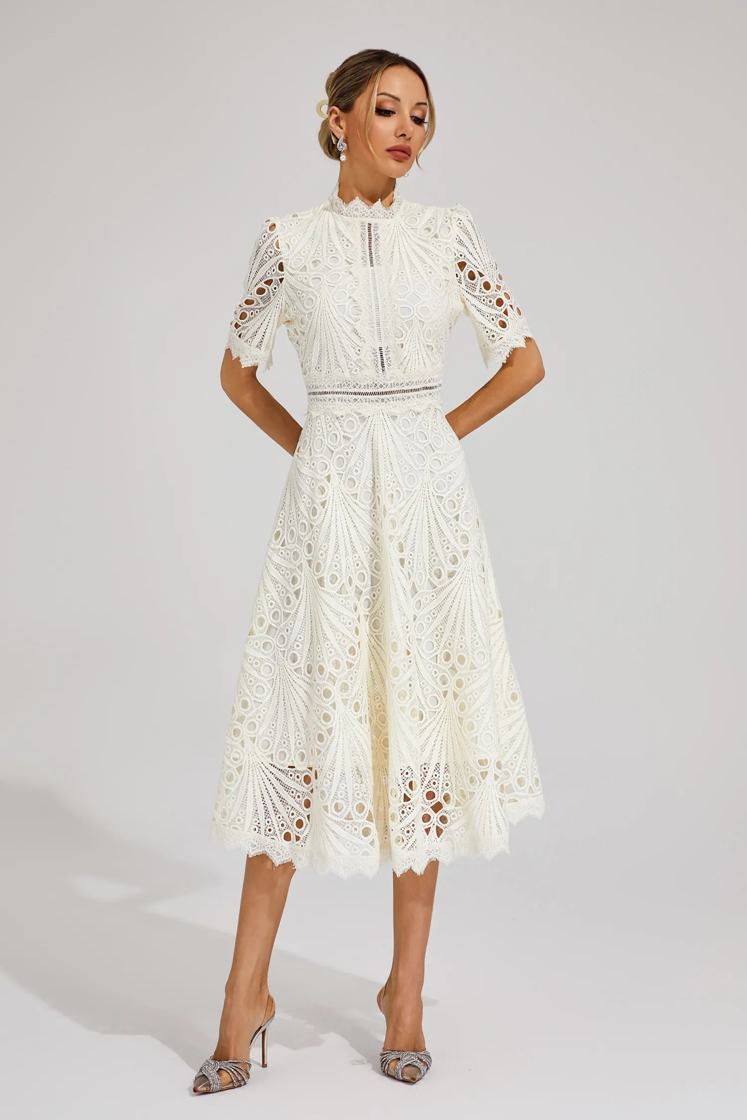 Women's Short Sleeve Lace Midi Dress Wedding Guest Summer Formal Elegant Scoop Neckline - Lolly 