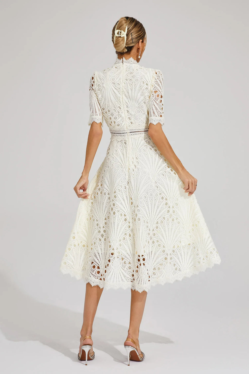 Women's Short Sleeve Lace Midi Dress Wedding Guest Summer Formal Elegant Scoop Neckline - Lolly 