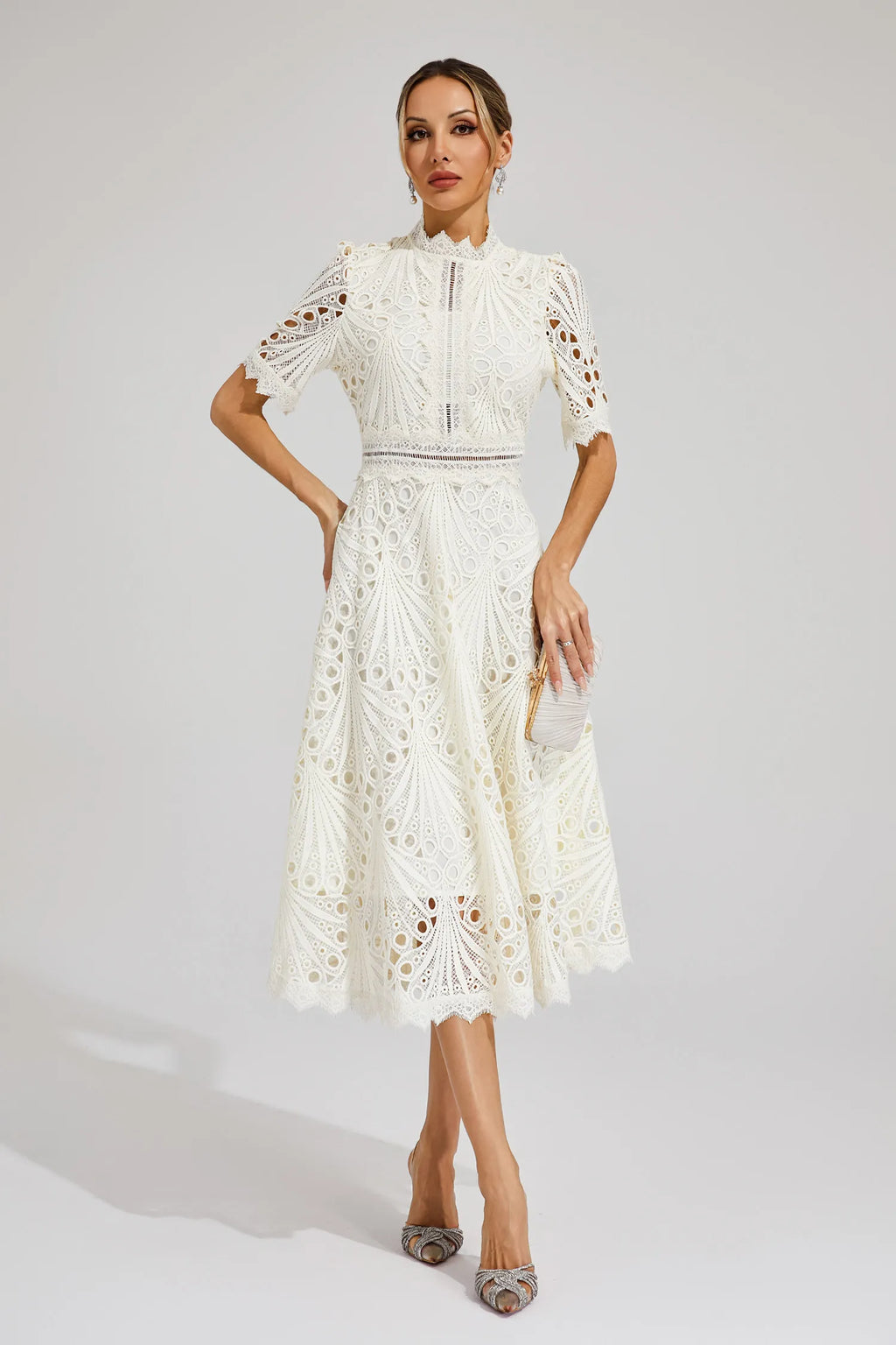 Women's Short Sleeve Lace Midi Dress Wedding Guest Summer Formal Elegant Scoop Neckline - Lolly 