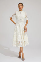 Women's Short Sleeve Lace Midi Dress Wedding Guest Summer Formal Elegant Scoop Neckline - Lolly 