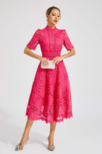 Women's Short Sleeve Lace Midi Dress Wedding Guest Summer Formal Elegant Scoop Neckline - Lolly 