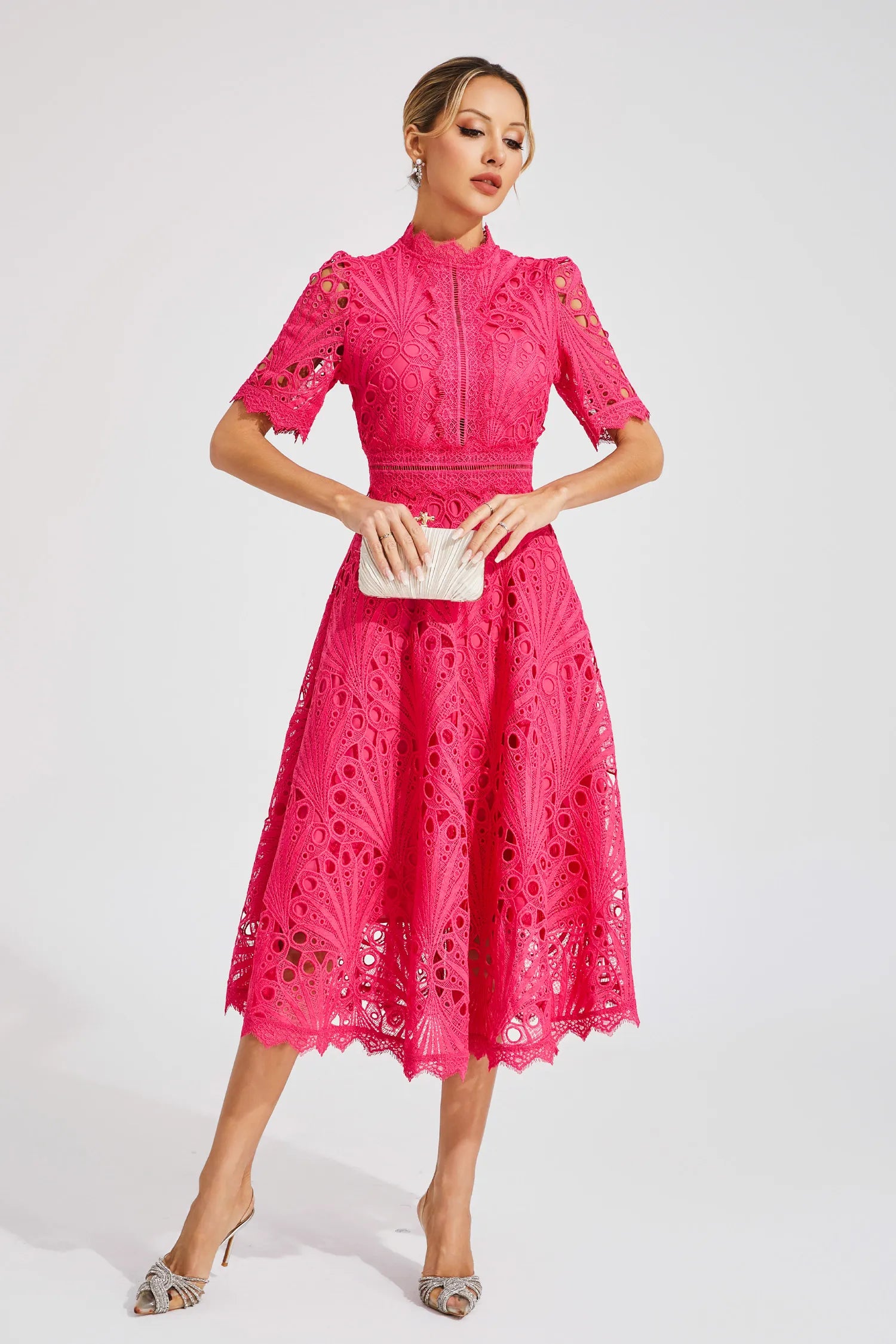 Women's Short Sleeve Lace Midi Dress Wedding Guest Summer Formal Elegant Scoop Neckline - Lolly 