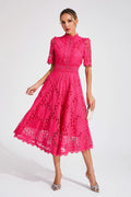 Women's Short Sleeve Lace Midi Dress Wedding Guest Summer Formal Elegant Scoop Neckline - Lolly 