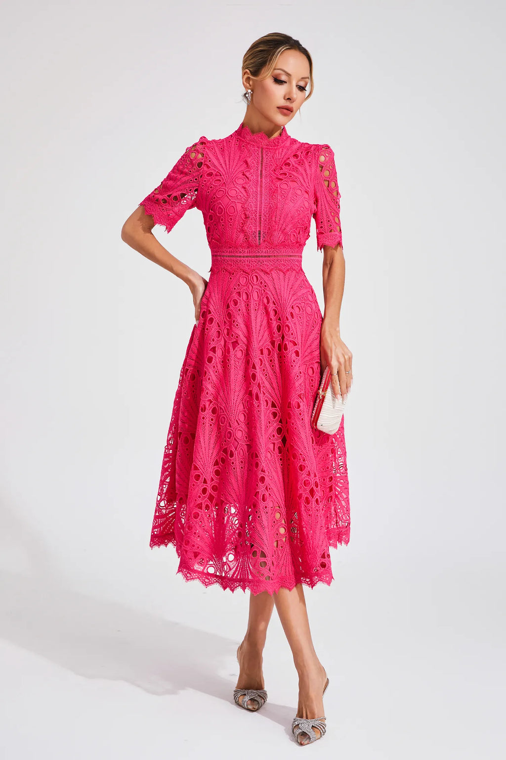 Women's Short Sleeve Lace Midi Dress Wedding Guest Summer Formal Elegant Scoop Neckline - Lolly 