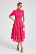 Women's Short Sleeve Lace Midi Dress Wedding Guest Summer Formal Elegant Scoop Neckline - Lolly 