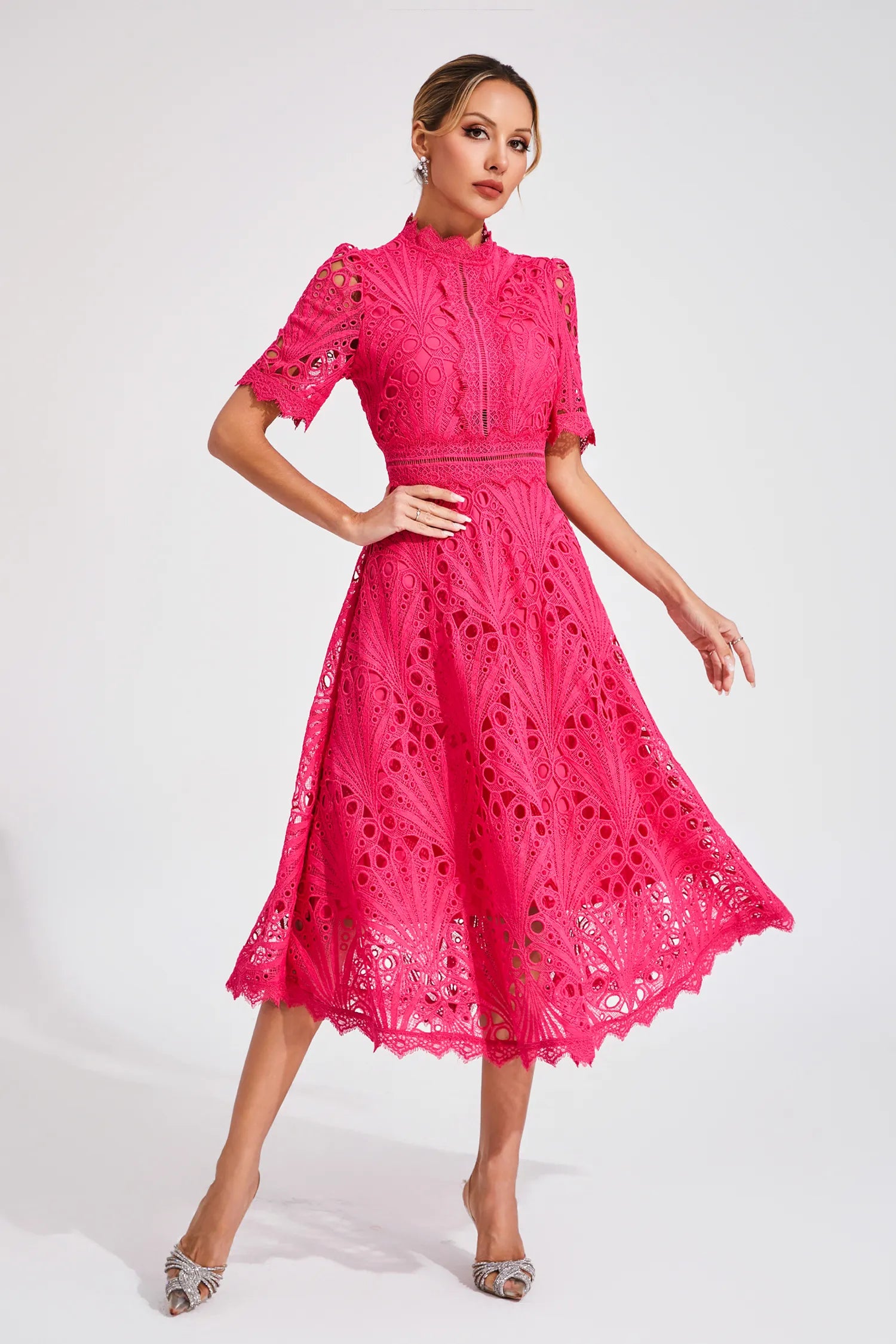 Women's Short Sleeve Lace Midi Dress Wedding Guest Summer Formal Elegant Scoop Neckline - Lolly 