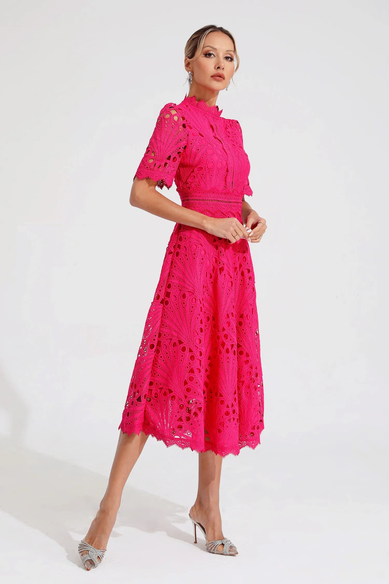 Women's Short Sleeve Lace Midi Dress Wedding Guest Summer Formal Elegant Scoop Neckline - Lolly 