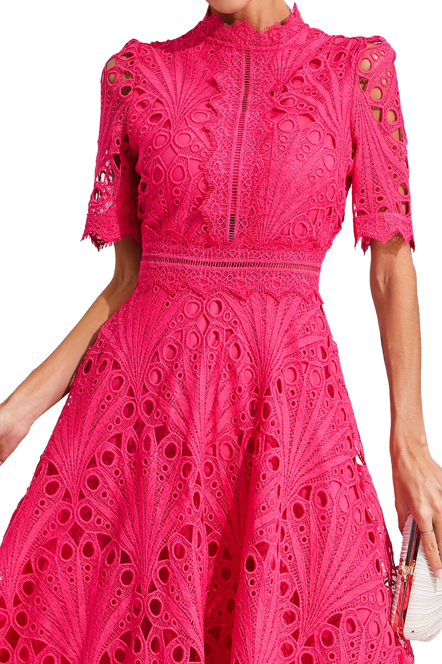 Women's Short Sleeve Lace Midi Dress Wedding Guest Summer Formal Elegant Scoop Neckline - Lolly 