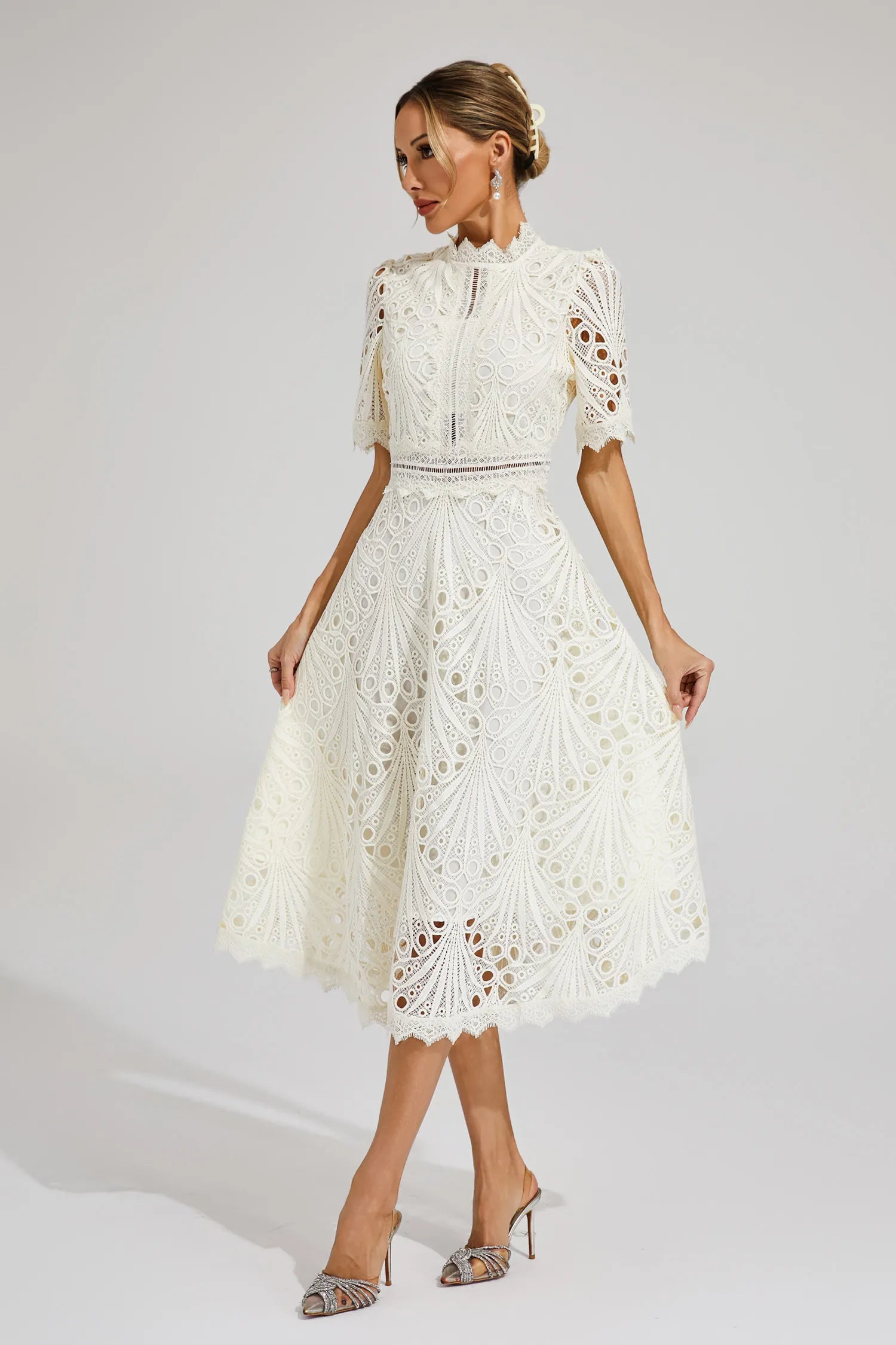 Women's Short Sleeve Lace Midi Dress Wedding Guest Summer Formal Elegant Scoop Neckline - Lolly 