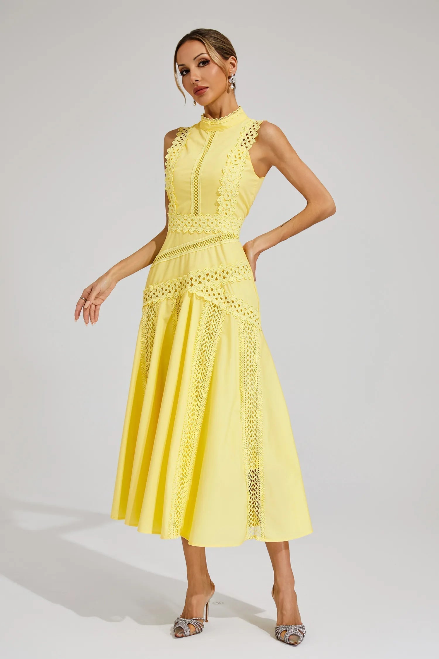 Women's Sleeveless Lace Midi Dress Wedding Guest Summer Formal Elegant Structured Daytime – Olivia - Lolly 