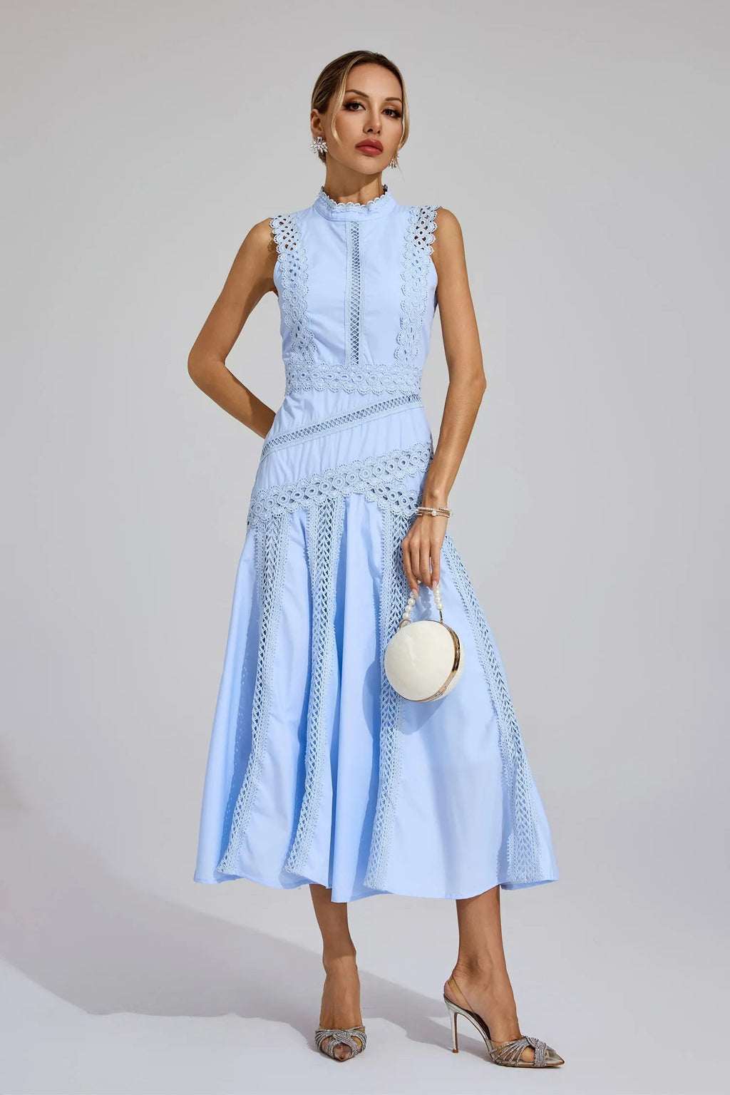 Women's Sleeveless Lace Midi Dress Wedding Guest Summer Formal Elegant Structured Daytime – Olivia - Lolly 