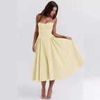 Women's Sleeveless Pleated Midi Dress Spaghetti Strap Open Back A-Line Monochromatic Casual Summer Wedding Guest Garden Party Evening – Odette - Lolly 