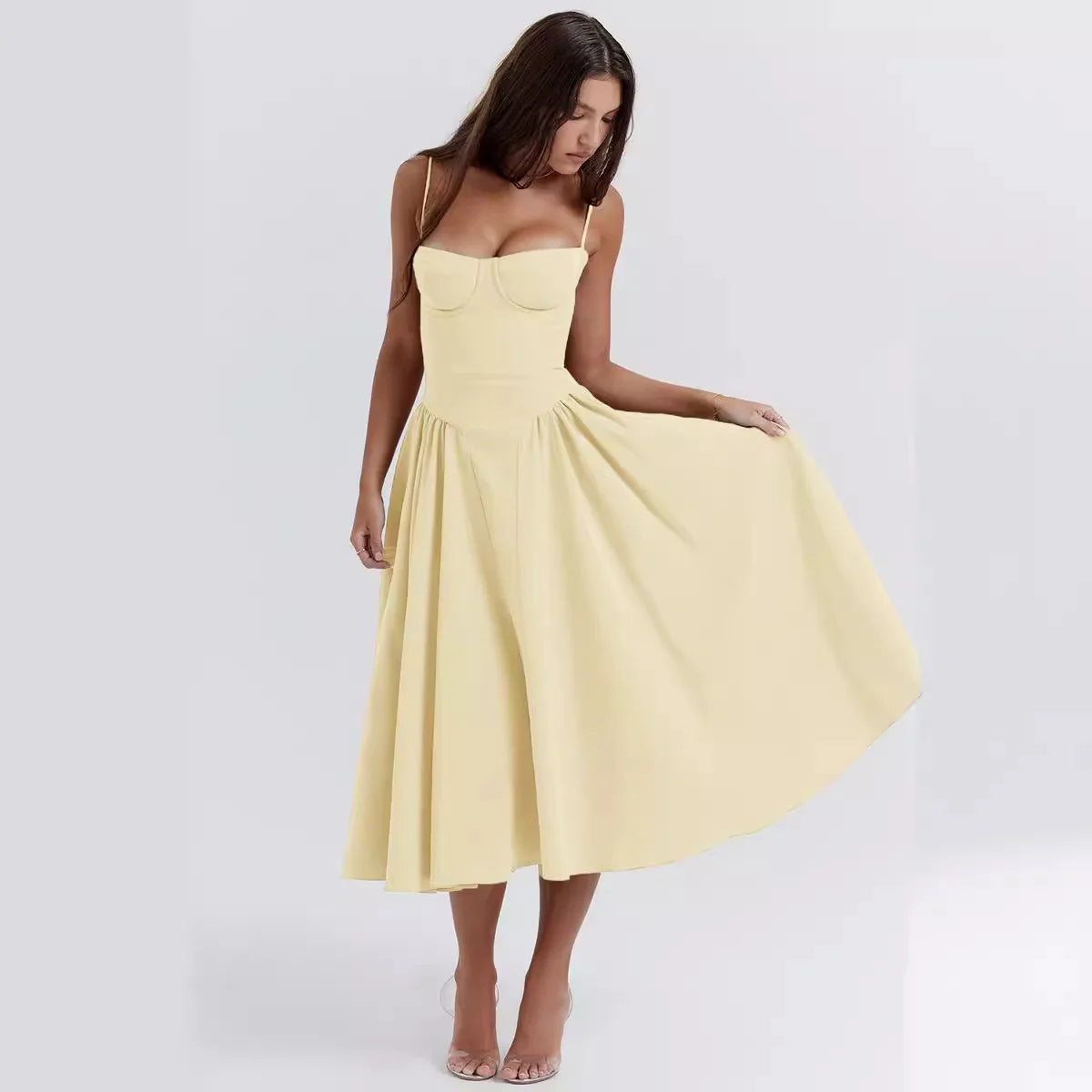 Women's Sleeveless Pleated Midi Dress Spaghetti Strap Open Back A-Line Monochromatic Casual Summer Wedding Guest Garden Party Evening – Odette - Lolly 