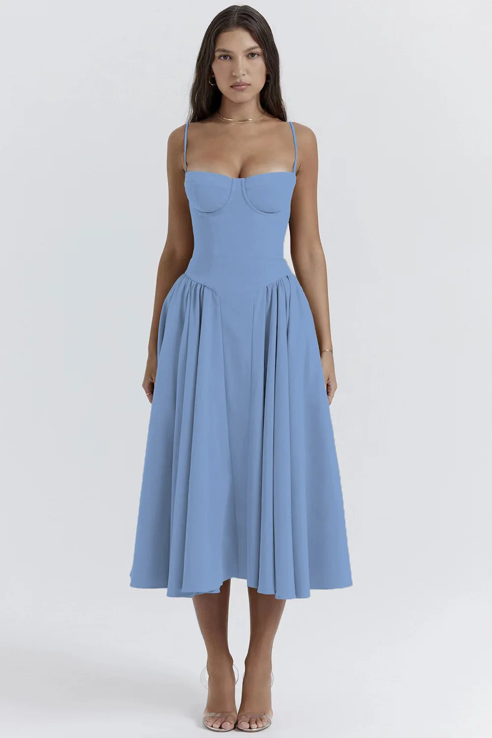 Women's Sleeveless Pleated Midi Dress Spaghetti Strap Open Back A-Line Monochromatic Casual Summer Wedding Guest Garden Party Evening – Odette - Lolly 