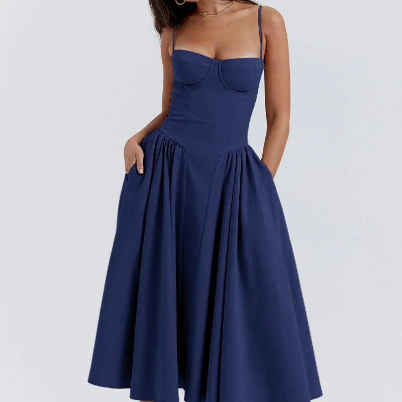 Women's Sleeveless Pleated Midi Dress Spaghetti Strap Open Back A-Line Monochromatic Casual Summer Wedding Guest Garden Party Evening – Odette - Lolly 