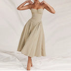 Women's Sleeveless Pleated Midi Dress Spaghetti Strap Open Back A-Line Monochromatic Casual Summer Wedding Guest Garden Party Evening – Odette - Lolly 