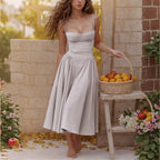 Women's Sleeveless Pleated Midi Dress Spaghetti Strap Open Back A-Line Monochromatic Casual Summer Wedding Guest Garden Party Evening – Odette - Lolly 