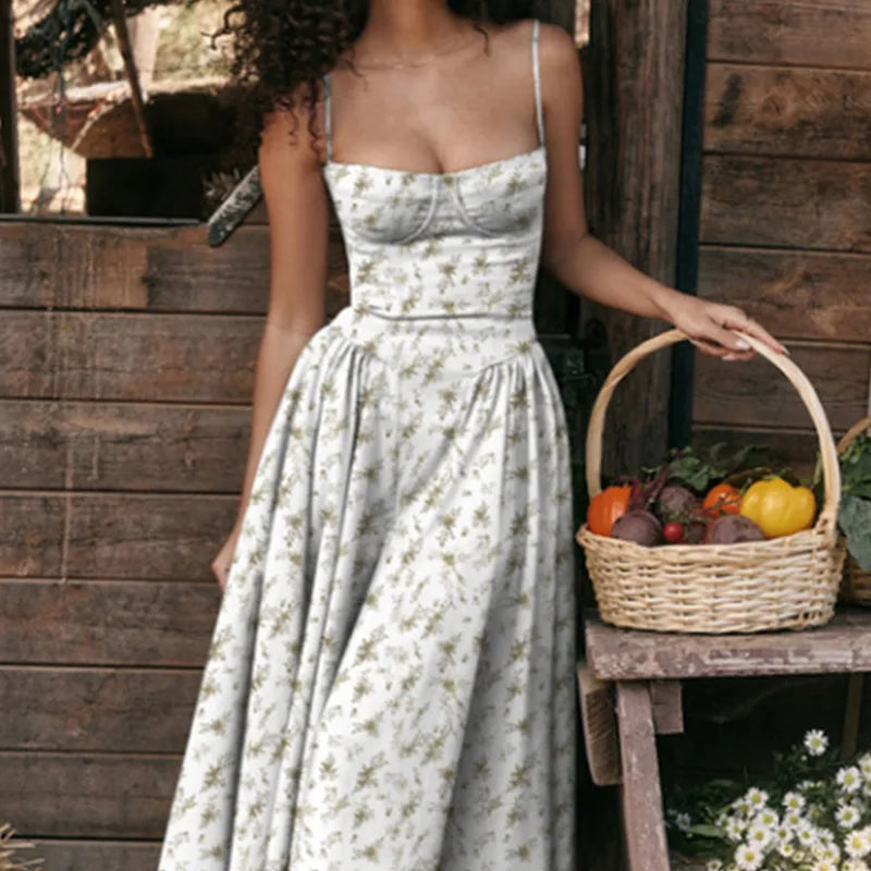 Women's Sleeveless Pleated Midi Dress Spaghetti Strap Open Back A-Line Monochromatic Casual Summer Wedding Guest Garden Party Evening – Odette - Lolly 