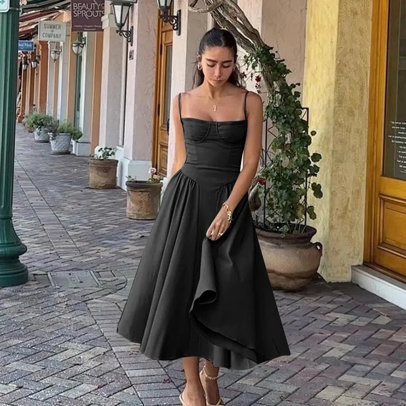 Women's Sleeveless Pleated Midi Dress Spaghetti Strap Open Back A-Line Monochromatic Casual Summer Wedding Guest Garden Party Evening – Odette - Lolly 