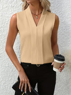 Women's Sleeveless Pleated V-Neck Blouse Elegant Flowing Work Casual Brunch Versatile Chic – Beatrice - Lolly 
