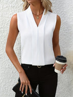 Women's Sleeveless Pleated V-Neck Blouse Elegant Flowing Work Casual Brunch Versatile Chic – Beatrice - Lolly 