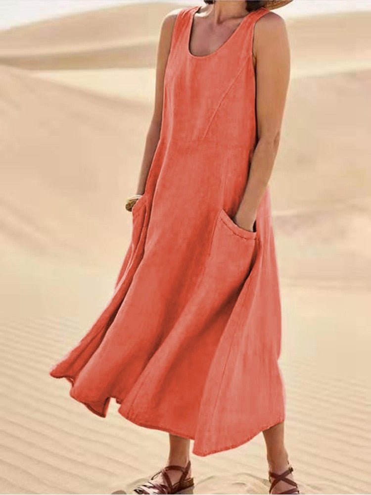 Women's Sleeveless Pocket Midi Casual Dress Flowing Relaxed Breathable Summer – Zoe - Lolly 