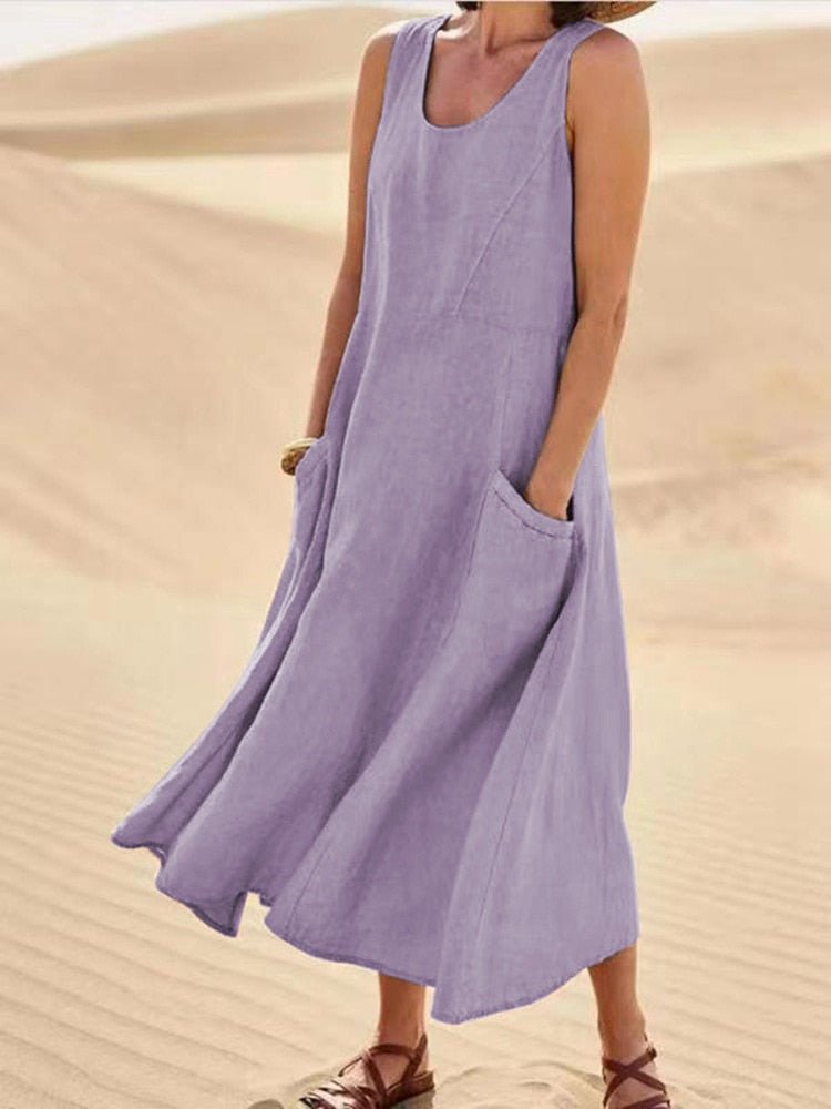 Women's Sleeveless Pocket Midi Casual Dress Flowing Relaxed Breathable Summer – Zoe - Lolly 
