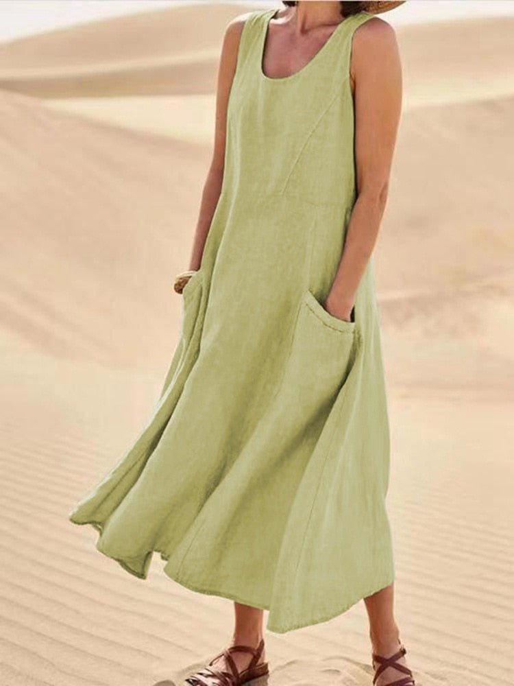 Women's Sleeveless Pocket Midi Casual Dress Flowing Relaxed Breathable Summer – Zoe - Lolly 