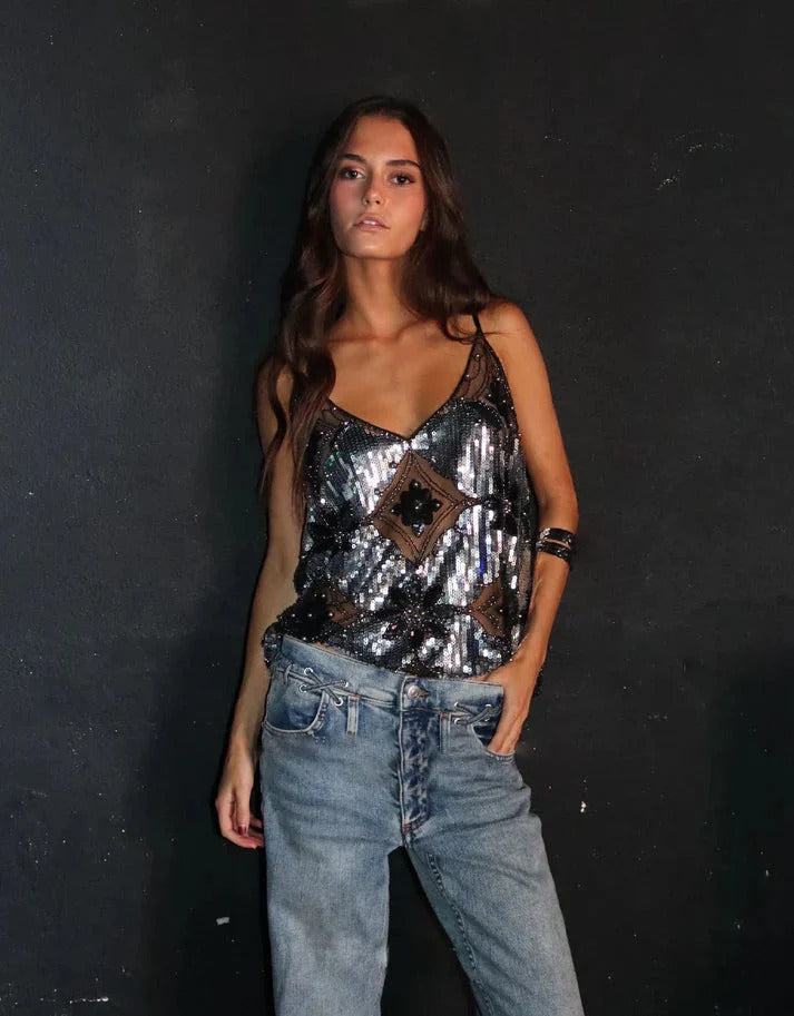 Women's Sleeveless Sequin Glitter Beaded Tank Top V-Neck Spaghetti Strap Party Festival Night Out Top – Klara Black Gold - Lolly 