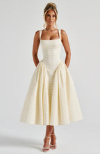 Women's Sleeveless Square Neck Gingham Midi Dress Lace-Up Back Voluminous Skirt Wedding Guest Party Summer Dress – Kaydence - Lolly 