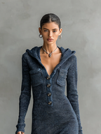 Women's Slim-Fit Hooded Knitted Long Casual Dress Long Sleeve Cozy Chic Everyday – Navy - Lolly 