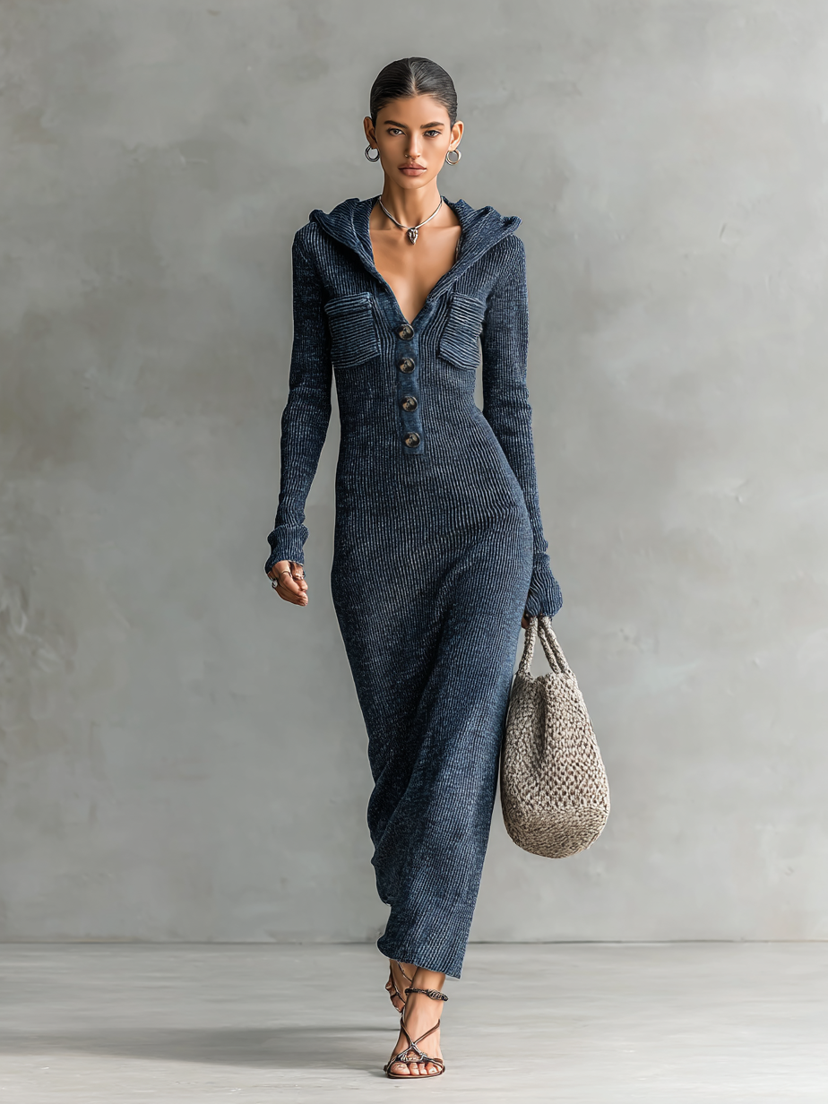 Women's Slim-Fit Hooded Knitted Long Casual Dress Long Sleeve Cozy Chic Everyday – Navy - Lolly 