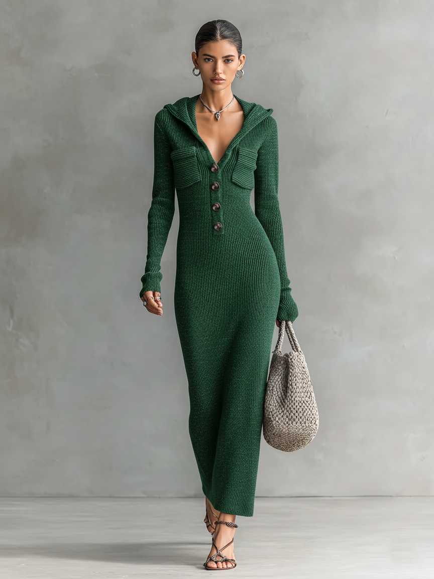 Women's Slim-Fit Hooded Knitted Long Casual Dress Long Sleeve Cozy Chic Everyday – Navy - Lolly 