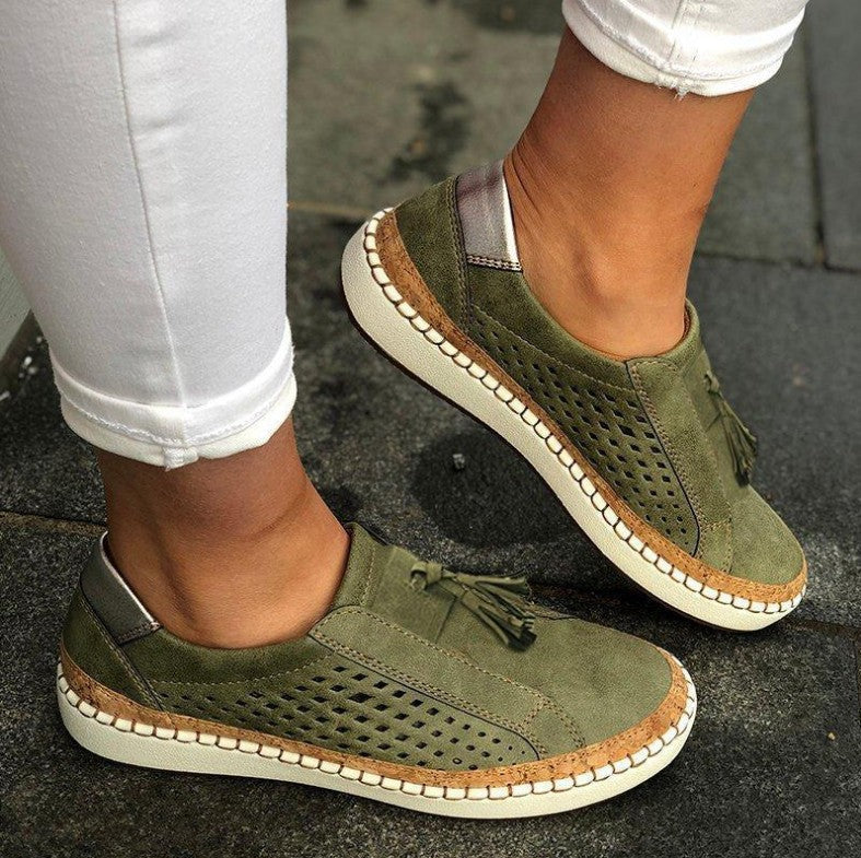 Women's Slip-On Loafers Breathable Perforated Casual Walking Flats with Tassel Detail - Lolly 