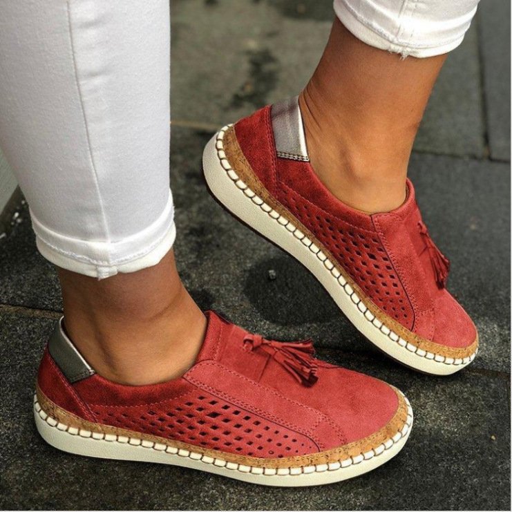 Women's Slip-On Loafers Breathable Perforated Casual Walking Flats with Tassel Detail - Lolly 