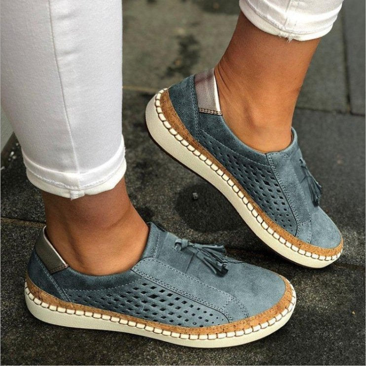 Women's Slip-On Loafers Breathable Perforated Casual Walking Flats with Tassel Detail - Lolly 