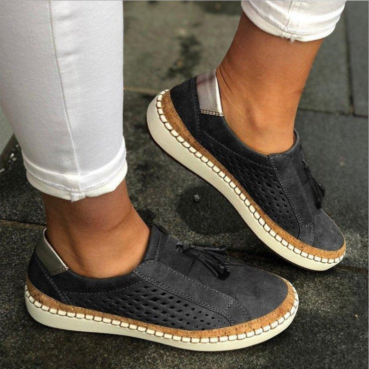 Women's Slip-On Loafers Breathable Perforated Casual Walking Flats with Tassel Detail - Lolly 