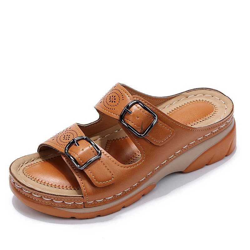 Women's Slip-On Wedge Sandals Double Buckle Strap Casual Summer Walking - Lolly 