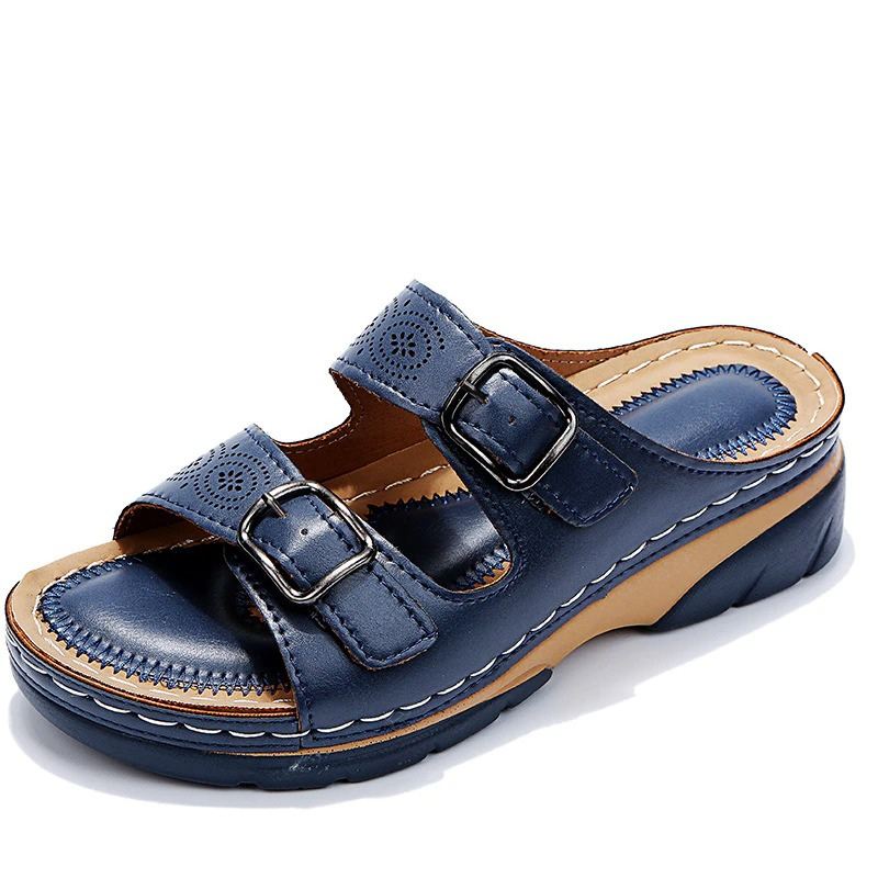 Women's Slip-On Wedge Sandals Double Buckle Strap Casual Summer Walking - Lolly 