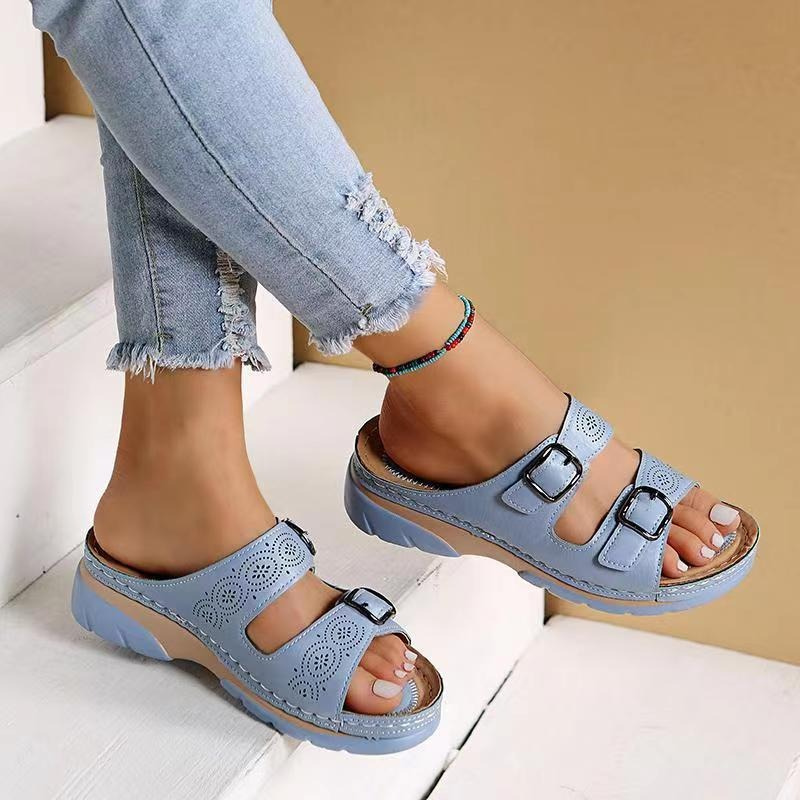 Women's Slip-On Wedge Sandals Double Buckle Strap Casual Summer Walking - Lolly 